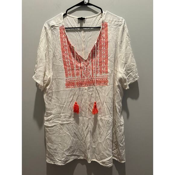 Torrid Women's White & Coral Embroidered Tunic with Tassels Size 4 - Picture 1 of 3